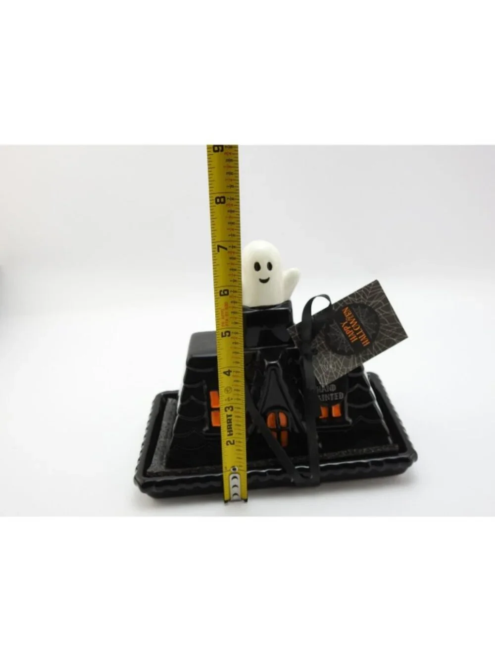 Halloween Haunted House Ghost Ceramic Butter Dish Black Orange Hand Painted NWT